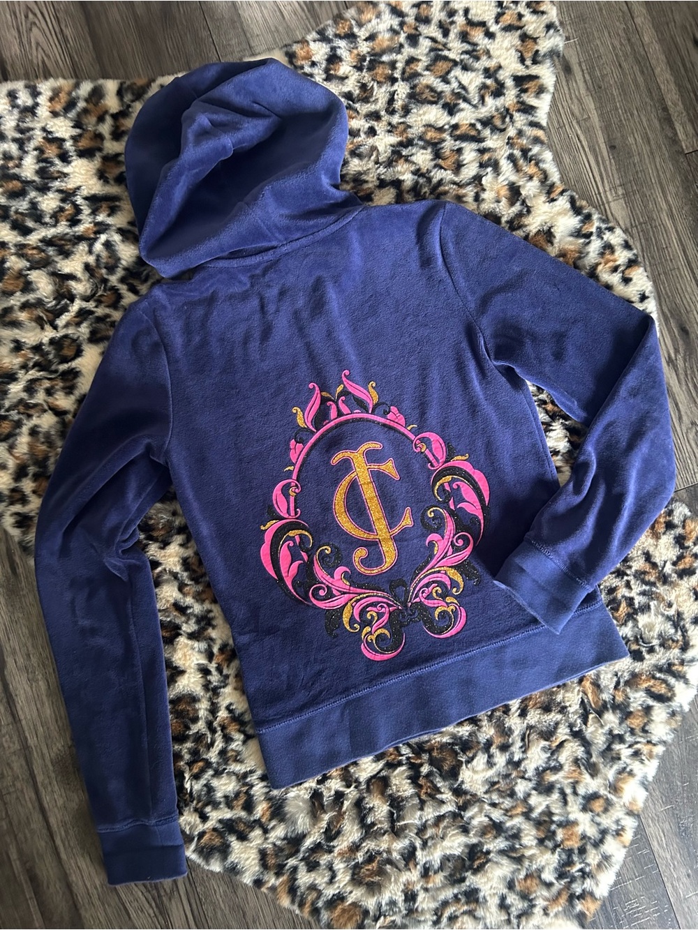 Juicy Couture Purple Velour Zip Sweater with Pink and Gold Logo Design